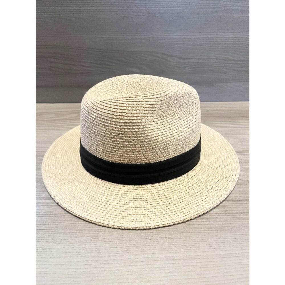 Wide Brim Straw Panama Hat Black Band Beige Paper Straw Sun Hat Size M